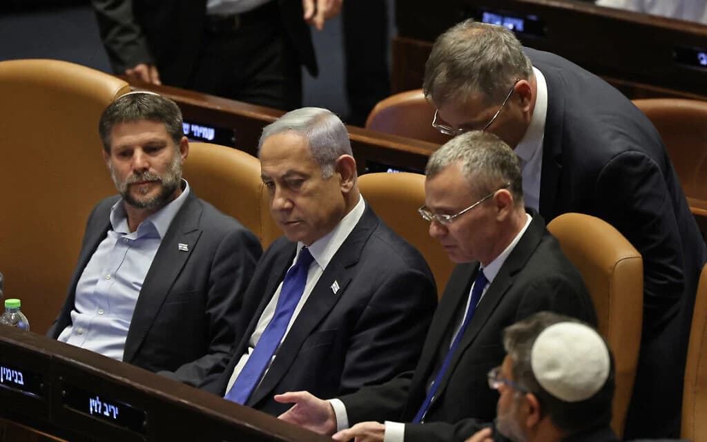 Prime Minister Benjamin Netanyahu attends a parliament session amid protests against the judicial overhaul