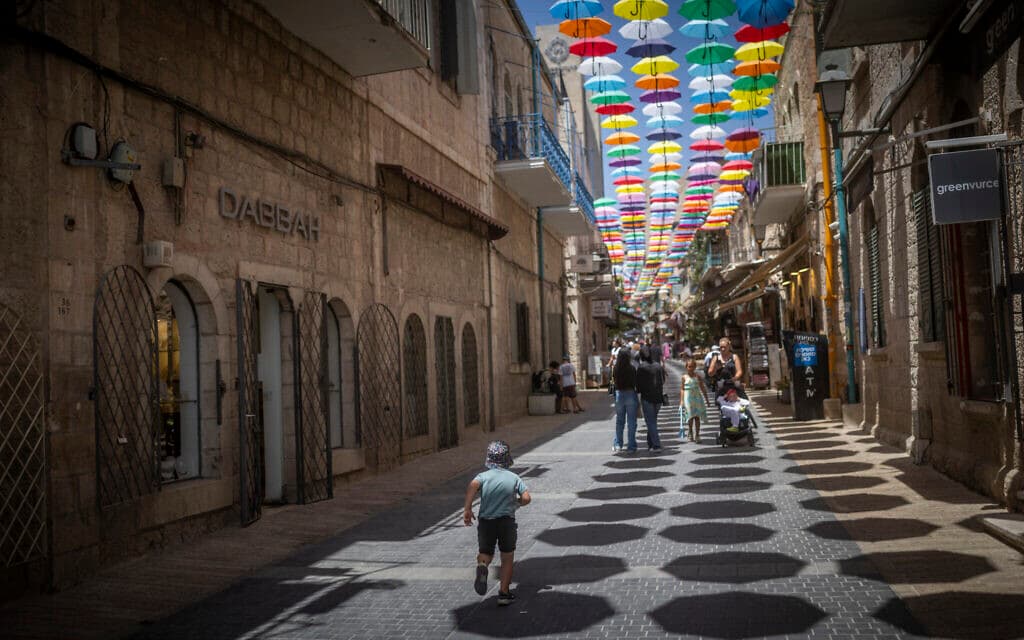A largely empty pedestrian mall in central Jerusalem