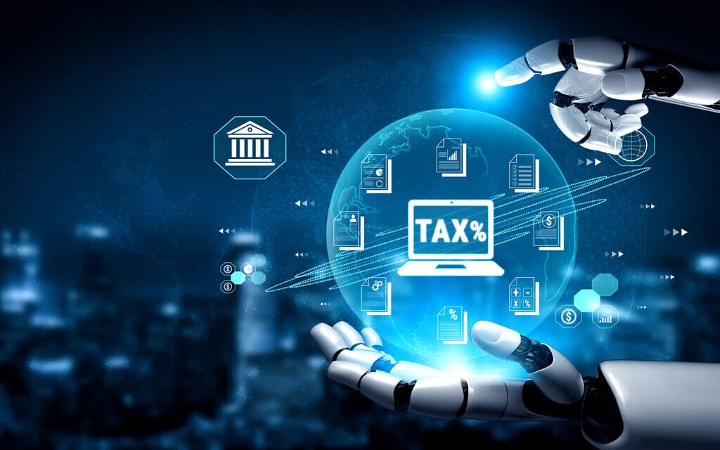 Illustrative image of a robotic hand interacting with digital tax symbols