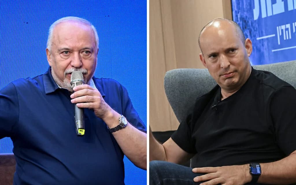 Avigdor Liberman and Naftali Bennett speak at separate campaign events