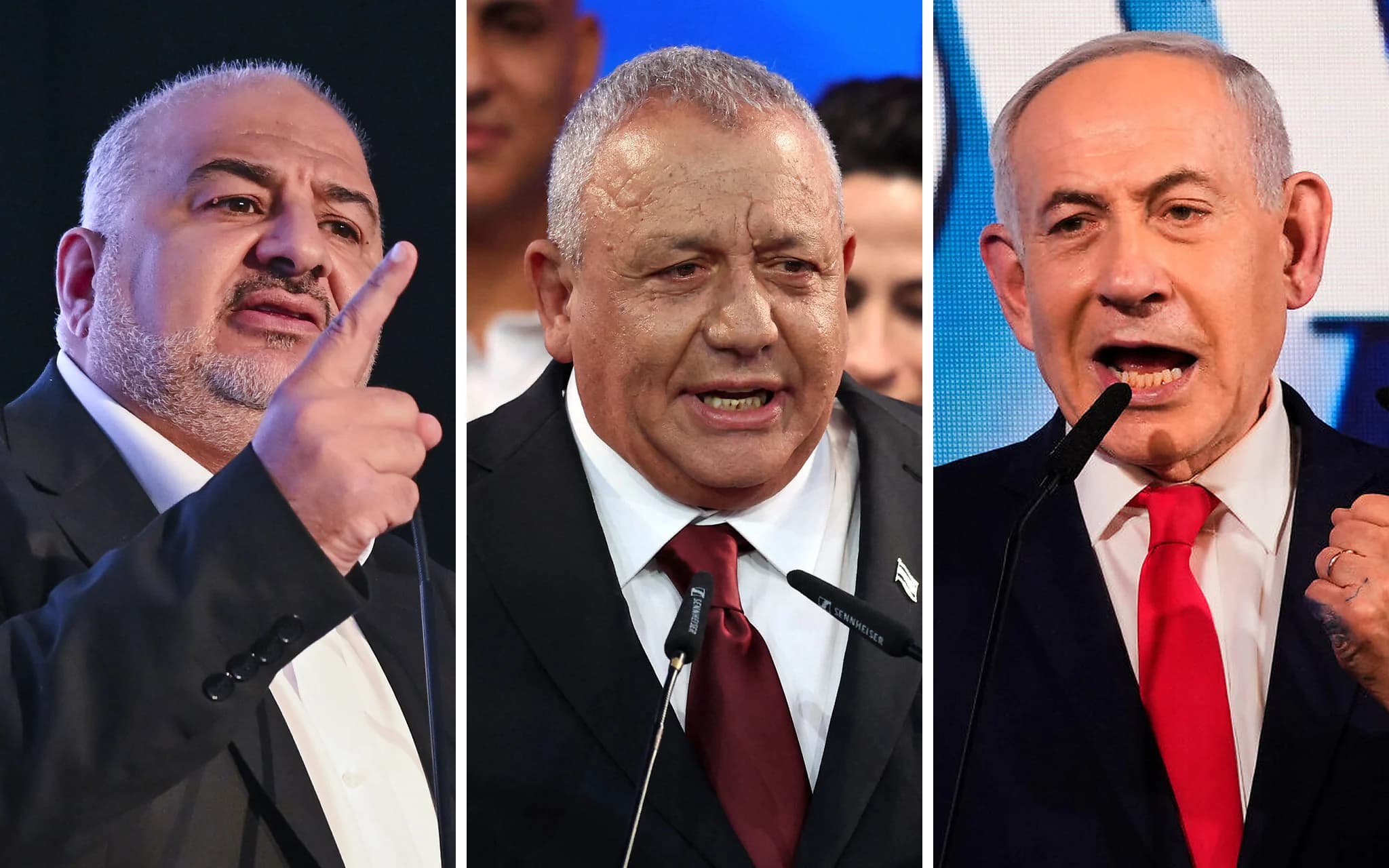 Ra'am chief Mansour Abbas, Yashar chief Gadi Eisenkot and Prime Minister Benjamin Netanyahu at their election headquarters