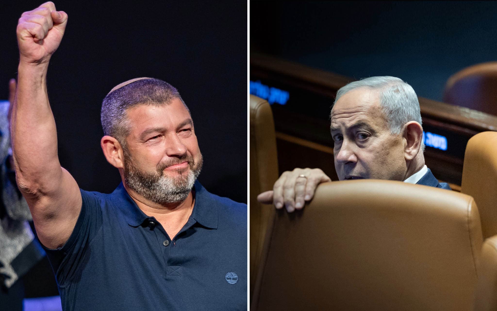 Ofer Winter raises his fist at a campaign event; Prime Minister Benjamin Netanyahu sits in the Knesset