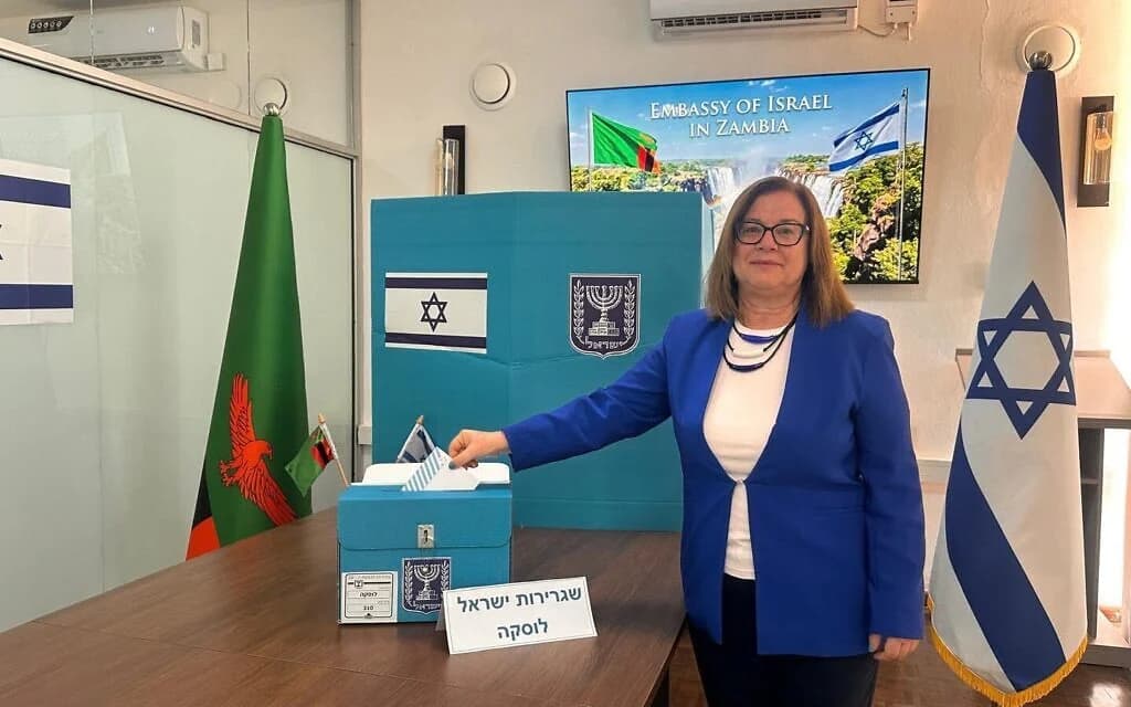 Israeli Ambassador to Zambia Ofra Farhi casts her ballot at the embassy in Lusaka during early voting